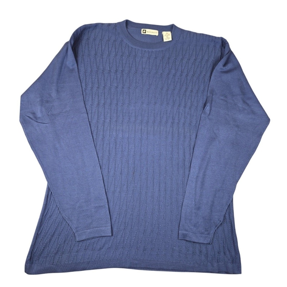 Bachrach Sweater Men XL Navy Blue Silk Cotton Blend Ribbed Crewneck *Small stain